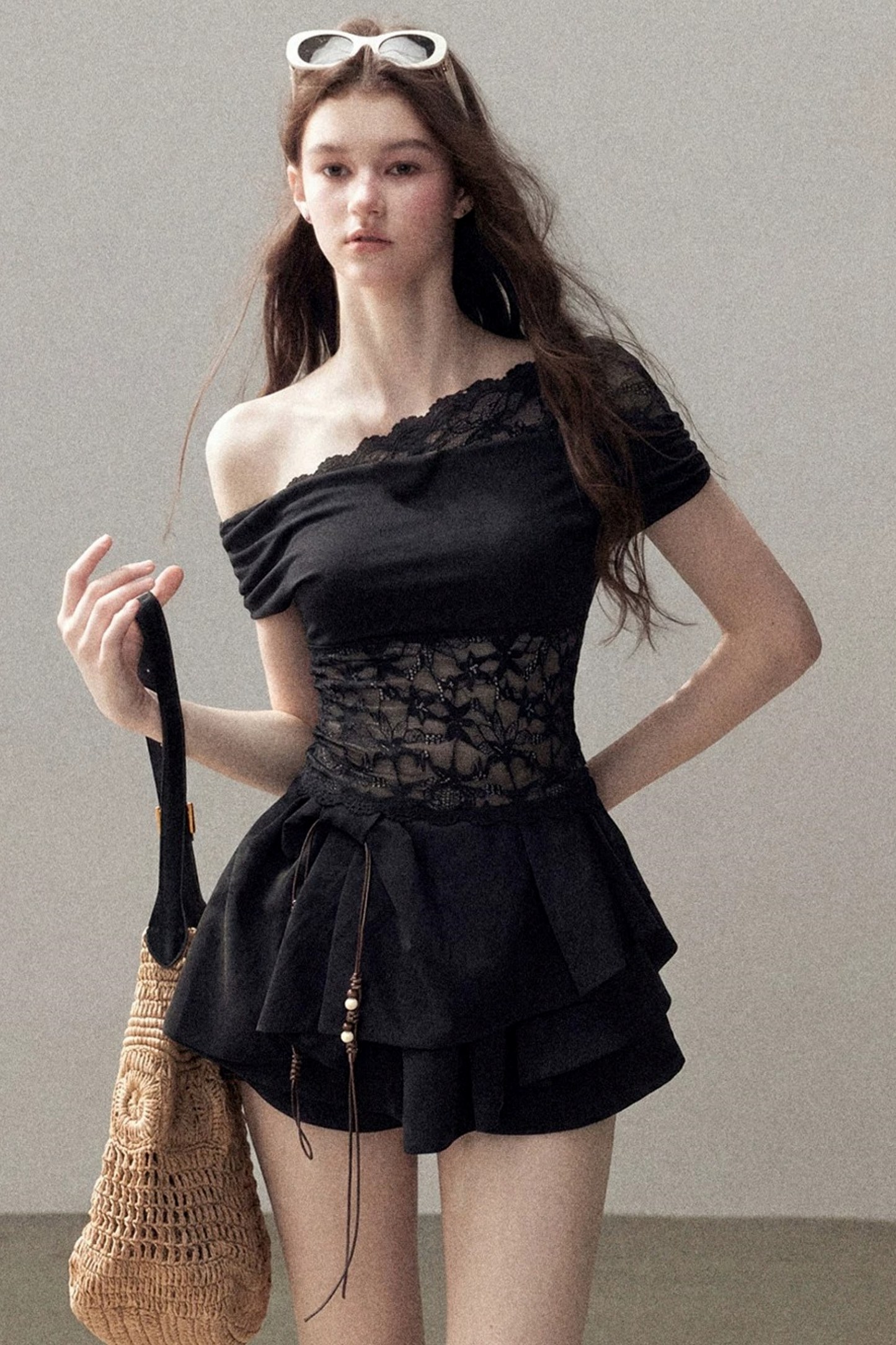 Lace Asymmetrical Shoulder Top