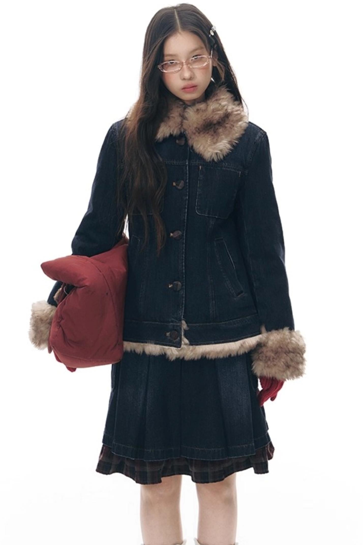 Patchwork Red Plaid Denim Skirt