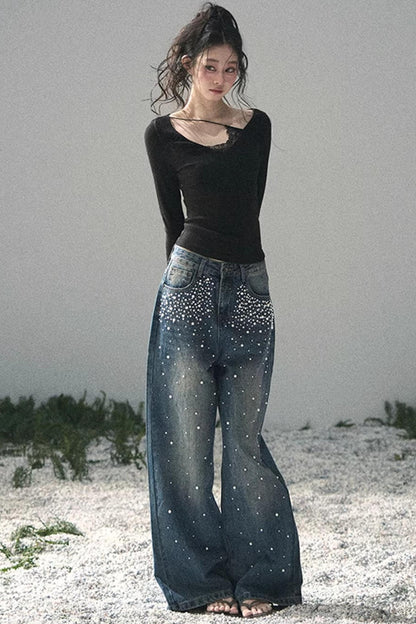 Pantalon en jean bleu clair perlé