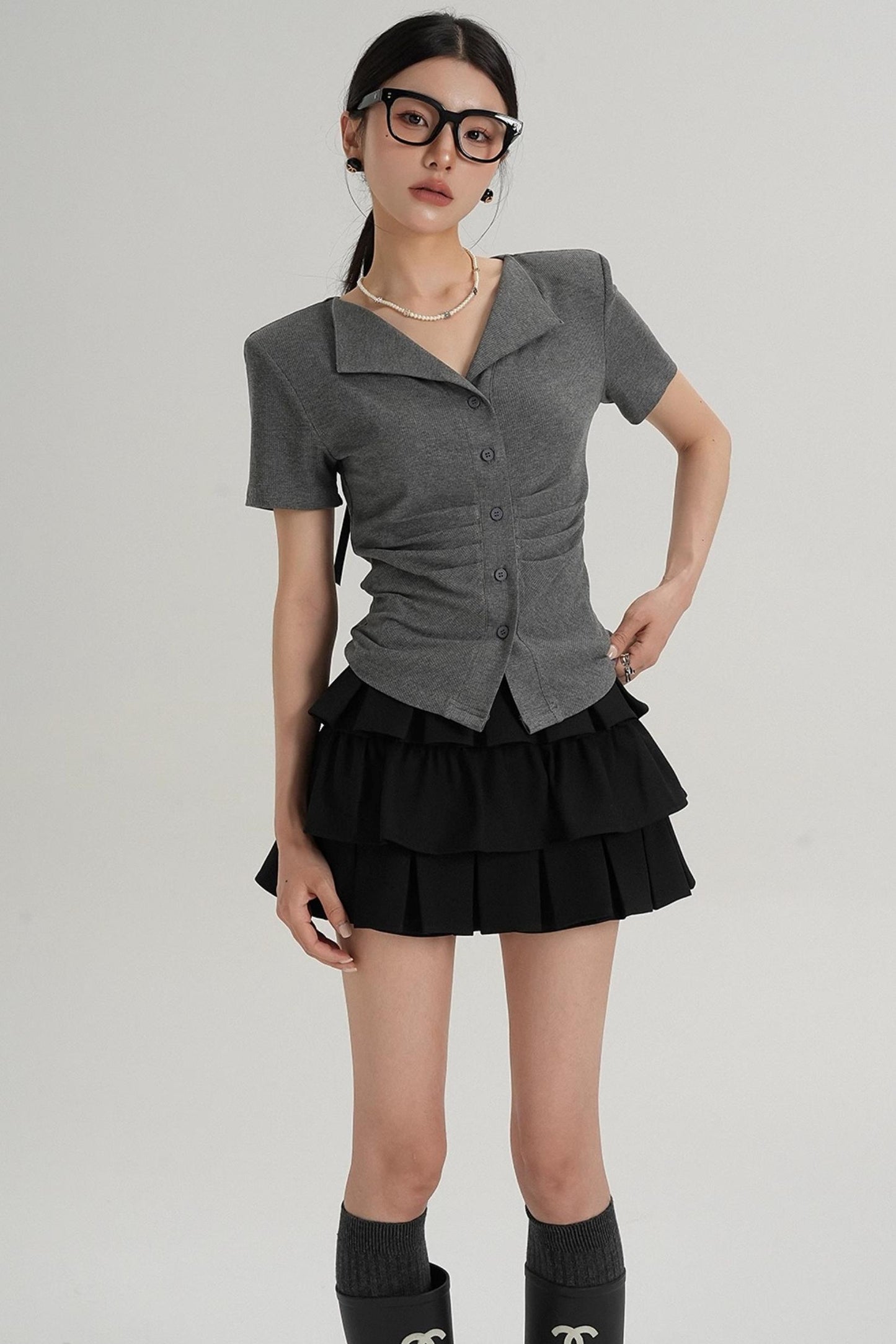 Pleated V-Neck Blouse