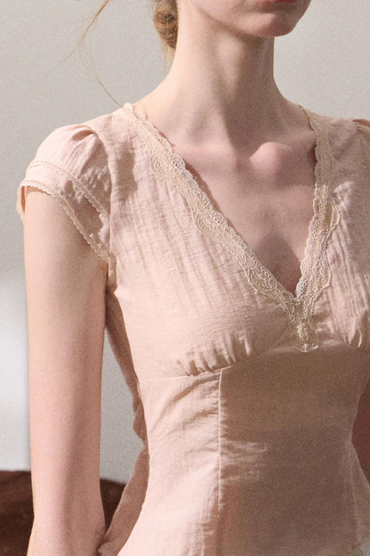 Fuzzy Lace V-Neck Tie Top