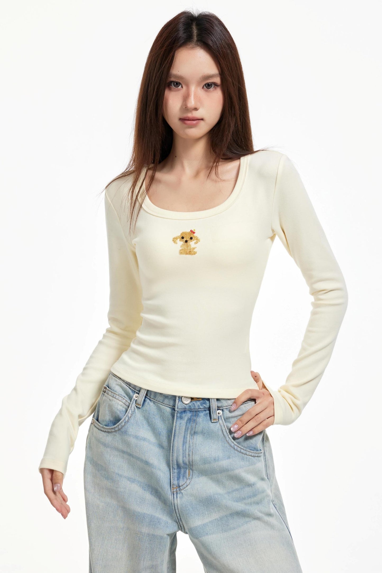 Slimming Square Neck Long Sleeve T-shirt