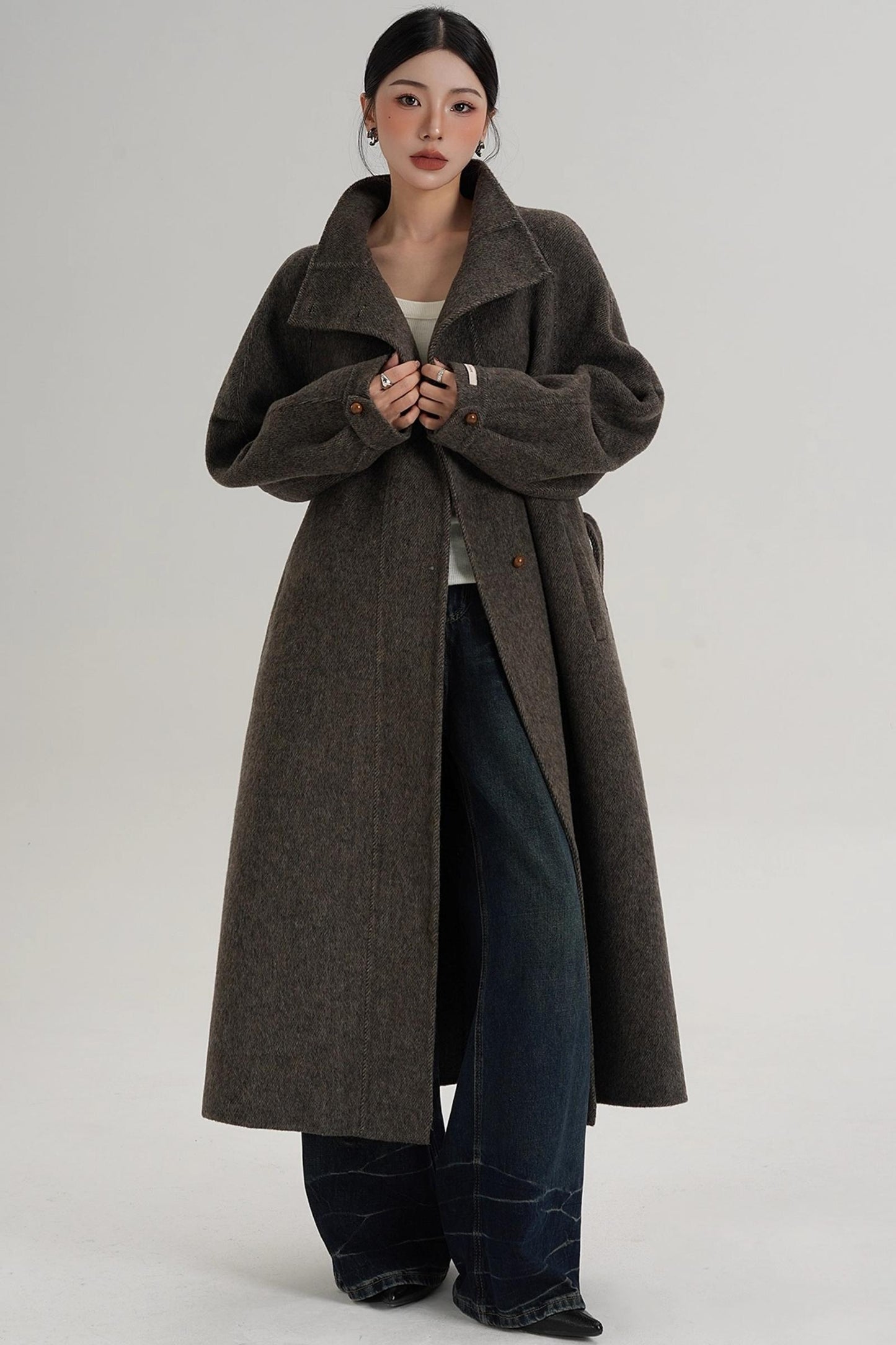 Elegant High-Neck Long Wool Coat
