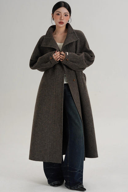 Elegant High-Neck Long Wool Coat