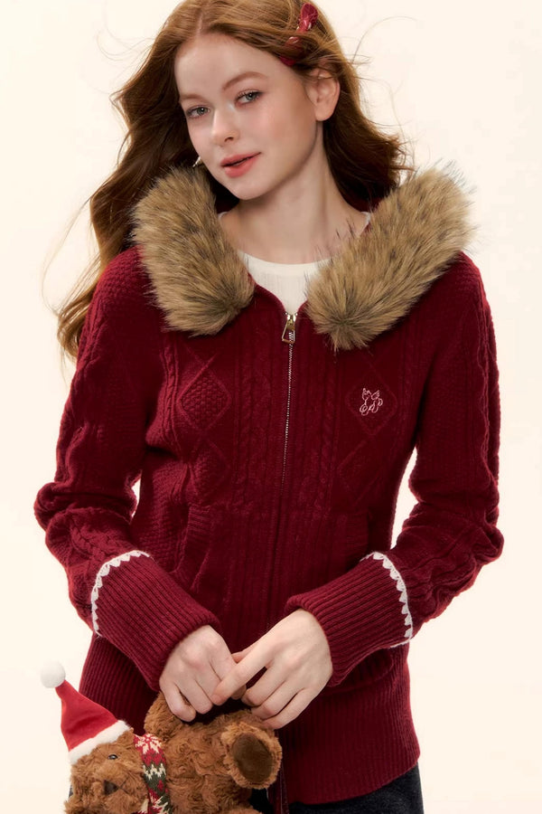 Red Hooded Knit Jacket Set-Up