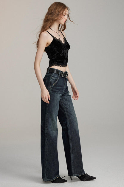 Cropped Lace Velvet Strap Top