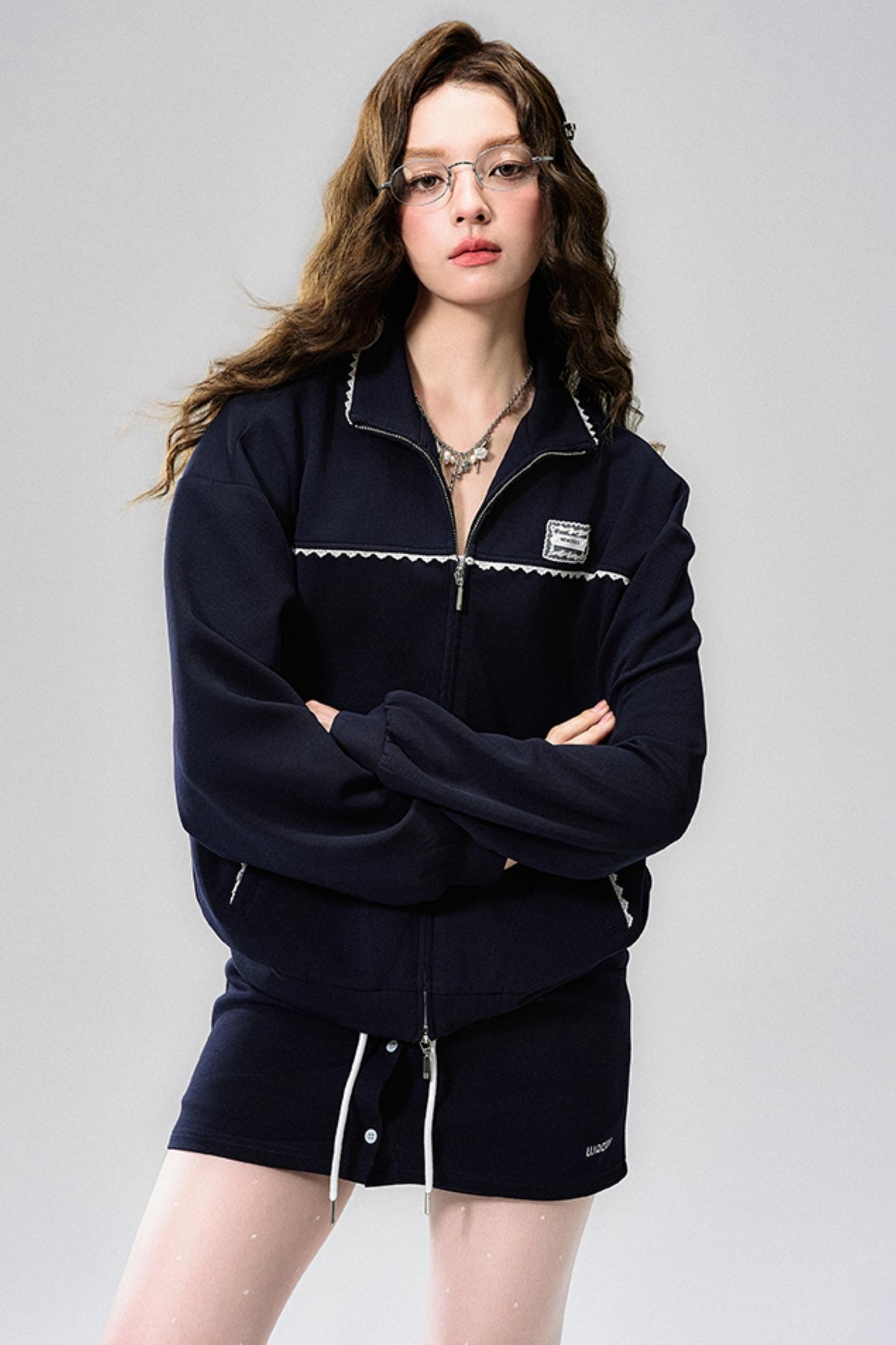 Navy Lace Jacket & Skirt Set-Up