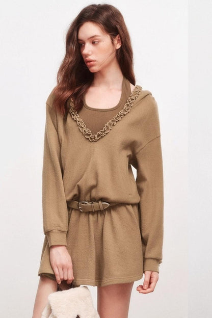 V-Neck Long Sleeve Ruffled Dress