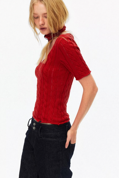 Hollow-Out Knit V-Neck Top