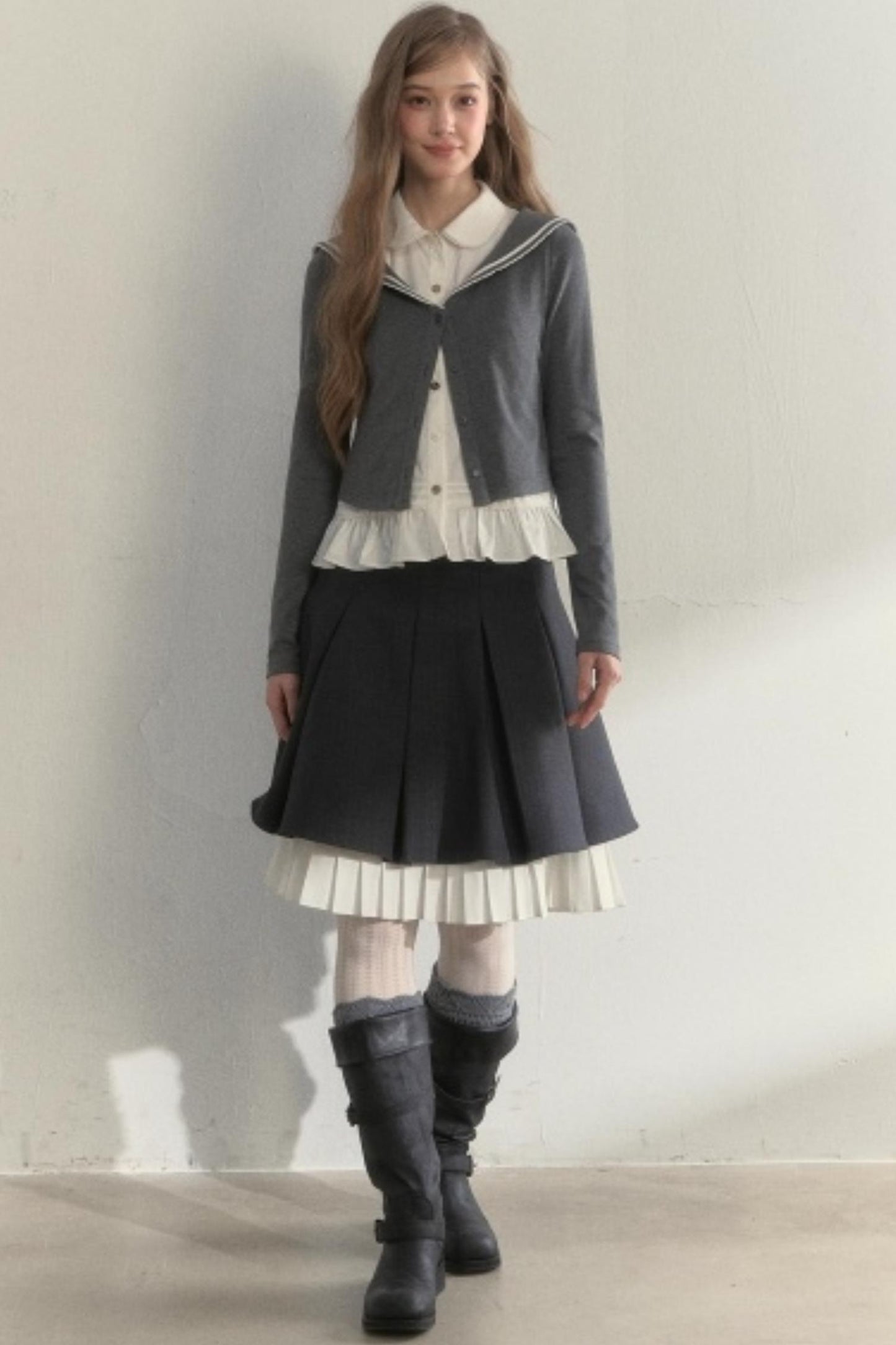 College Navy Collar Top & Skirt Set-Up