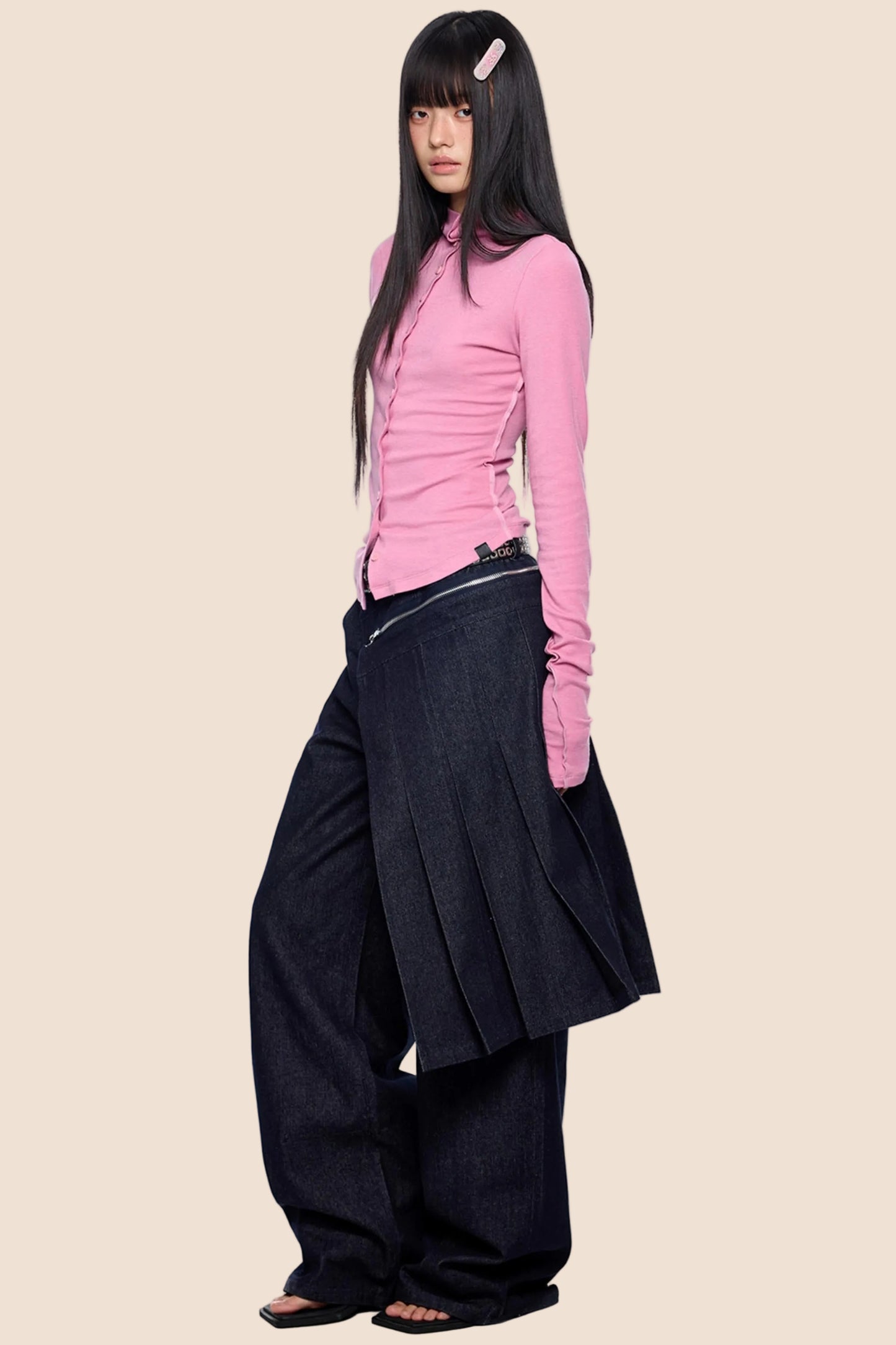 Detachable Pleated Denim Skirt Pants