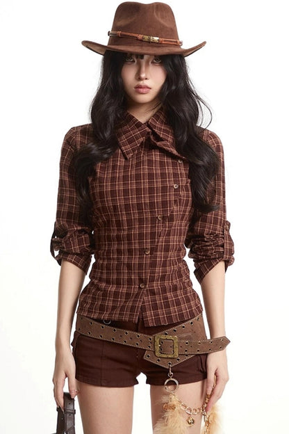 Loose Fit Waist-Tightening Plaid Shirt