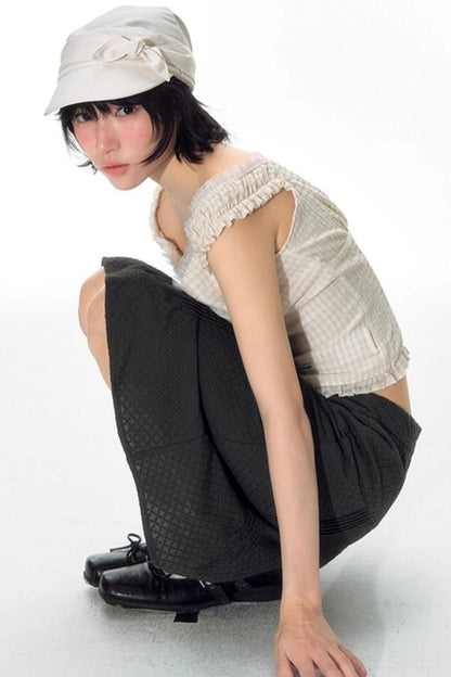 Checked Sleeveless One-Shoulder Shirt Set-Up