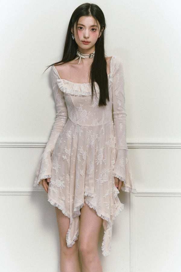 Square Neck Asymmetric Long Sleeve Dress