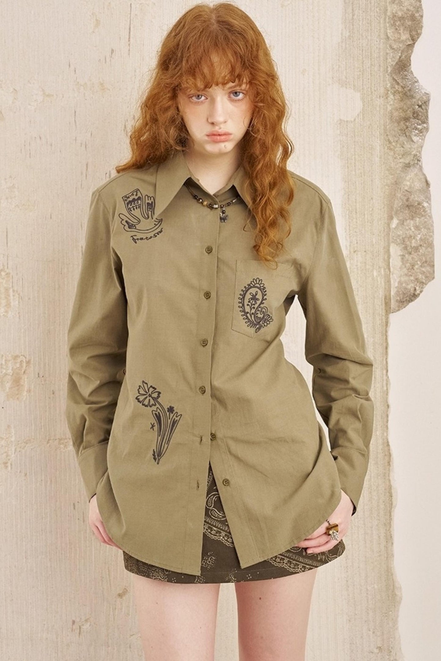 Cashew Flower Embroidered Long Sleeve Shirt