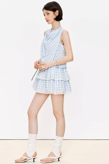 Blue Plaid Lace A-Line Dress