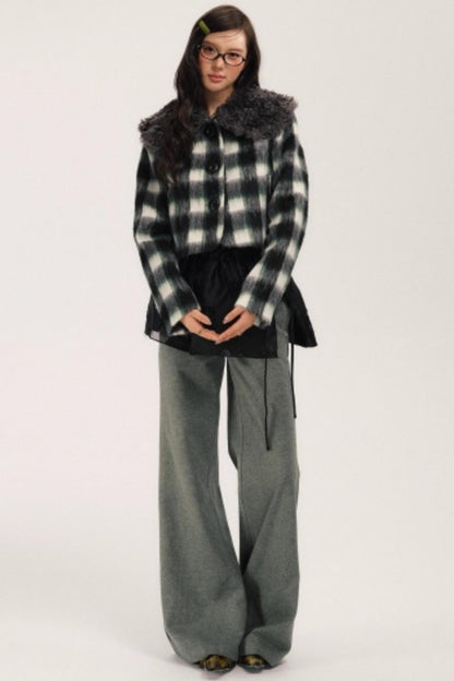 Plaid Wool Fur Collar Jacket