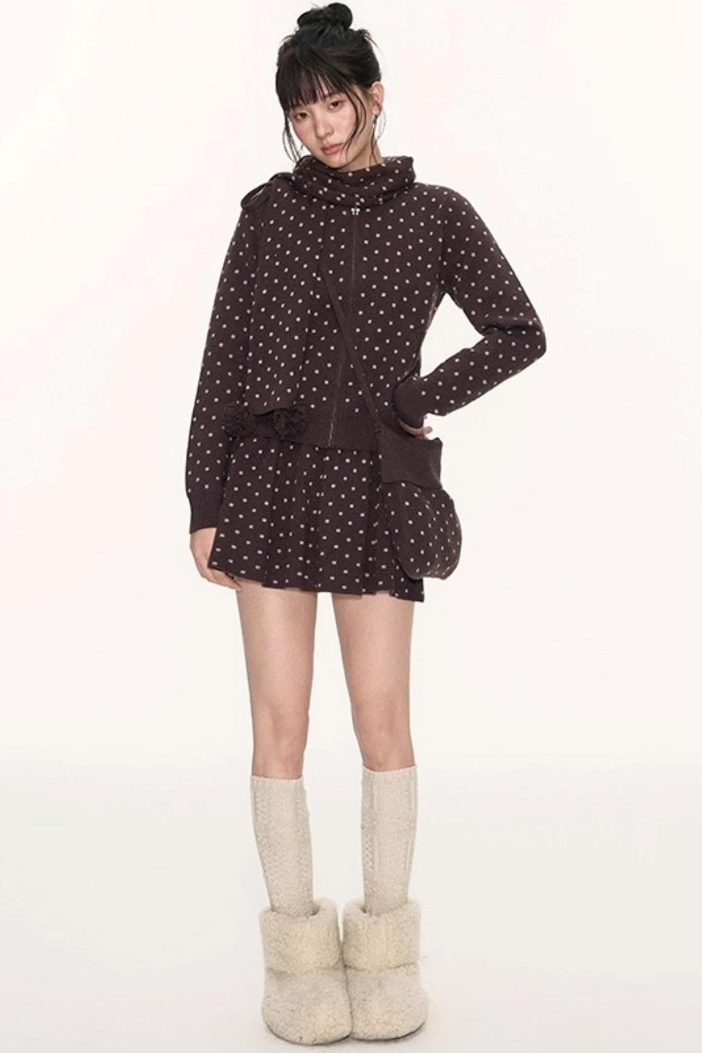 Polka Dot Hooded Knit Sweater Skirt Set-Up