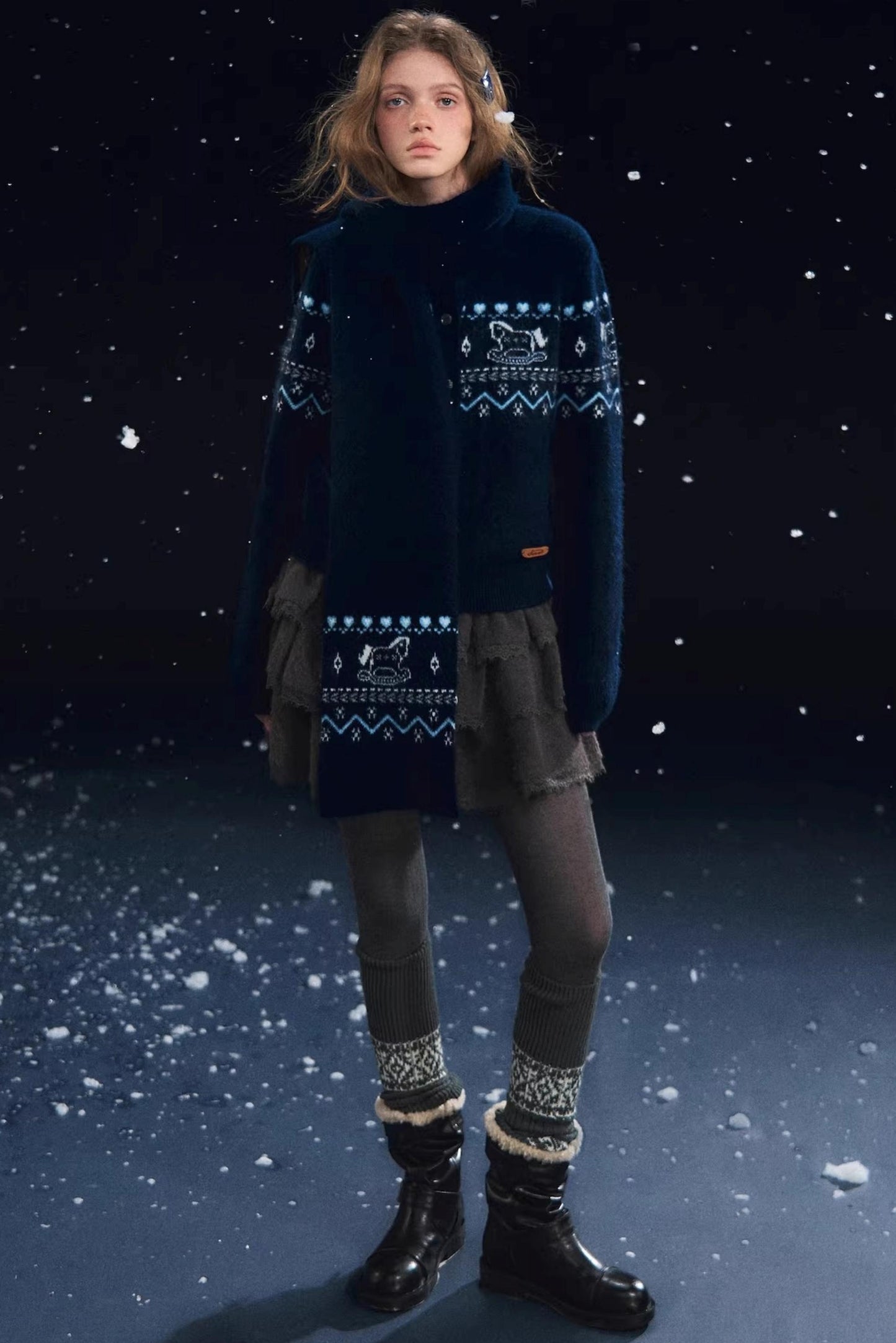 Fair Isle Scarf Cardigan Two-Piece Set