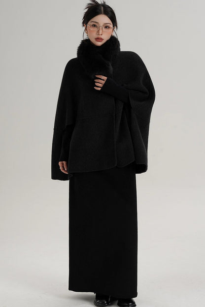 Elegant Fox Fur Wool Cape Coat