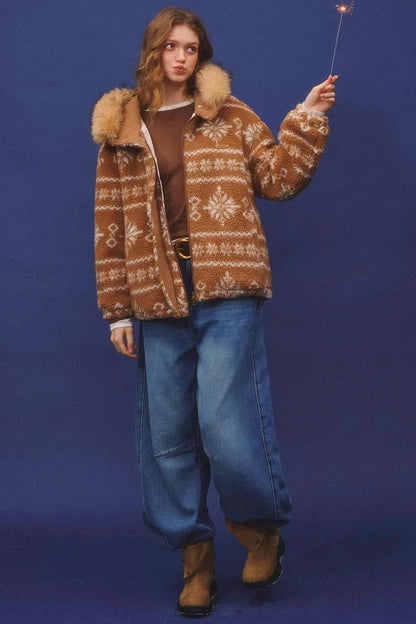 Fair Isle Fur Collar Jacket