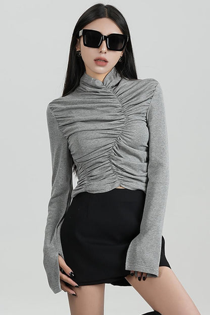 SRYSAME's fashionable design, pleated high-waisted base layer, T-shirt, long-sleeved top, autumn new women's wear