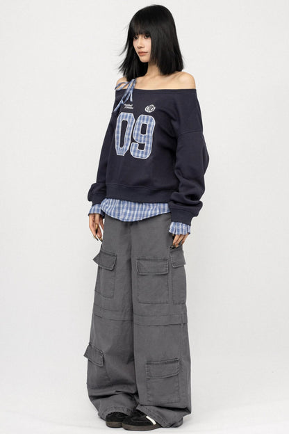 Vintage Plaid One-Shoulder Sweatshirt