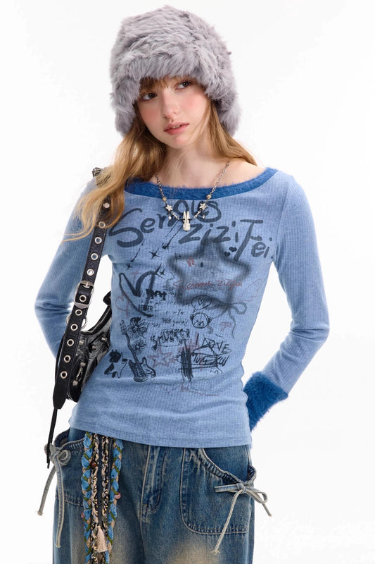 Patchwork Plush Crew Neck Knitted Base Shirt