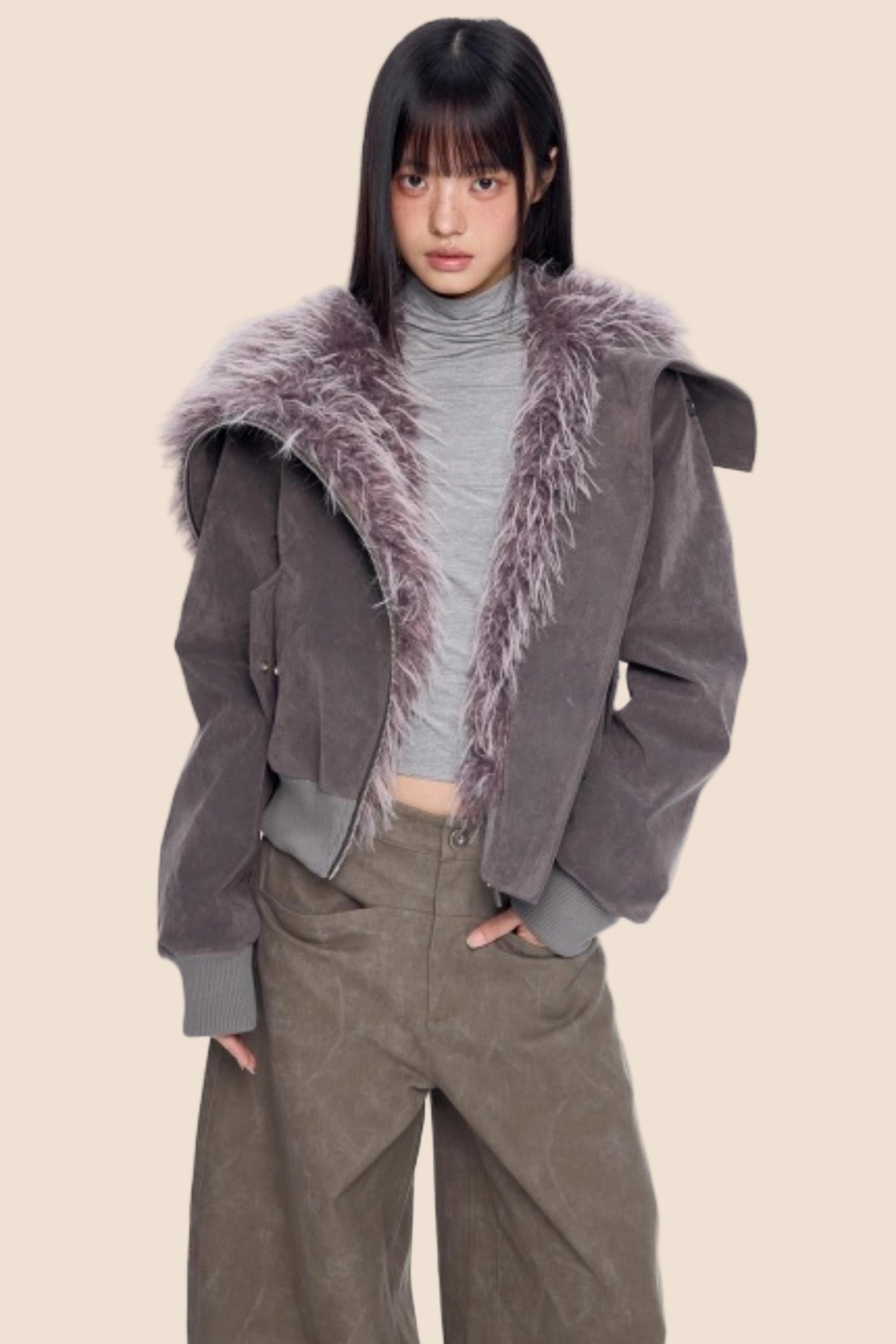 Faux Suede Fur Collar Coat