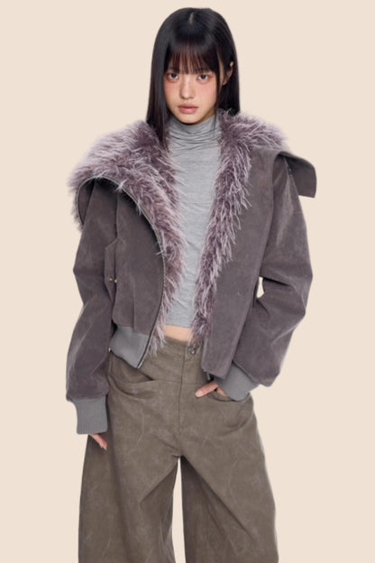 Faux Suede Fur Collar Coat
