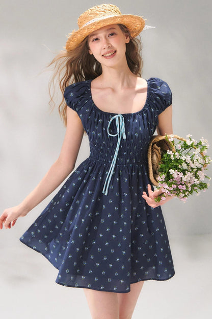 Abito floreale blu navy con lacci
