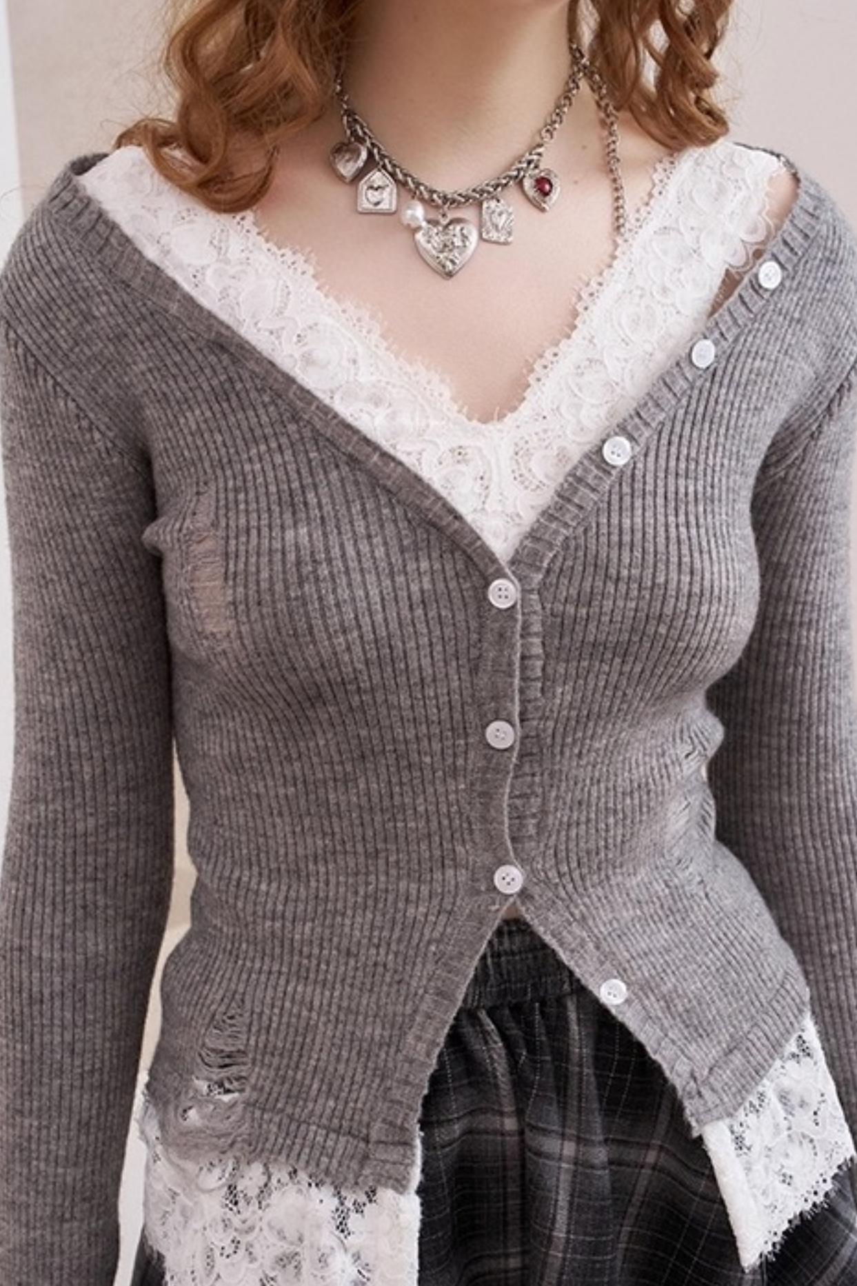 Lace Panel V-Neck Knitted Cardigan