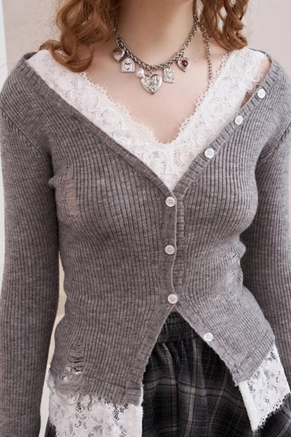 Lace Panel V-Neck Knitted Cardigan