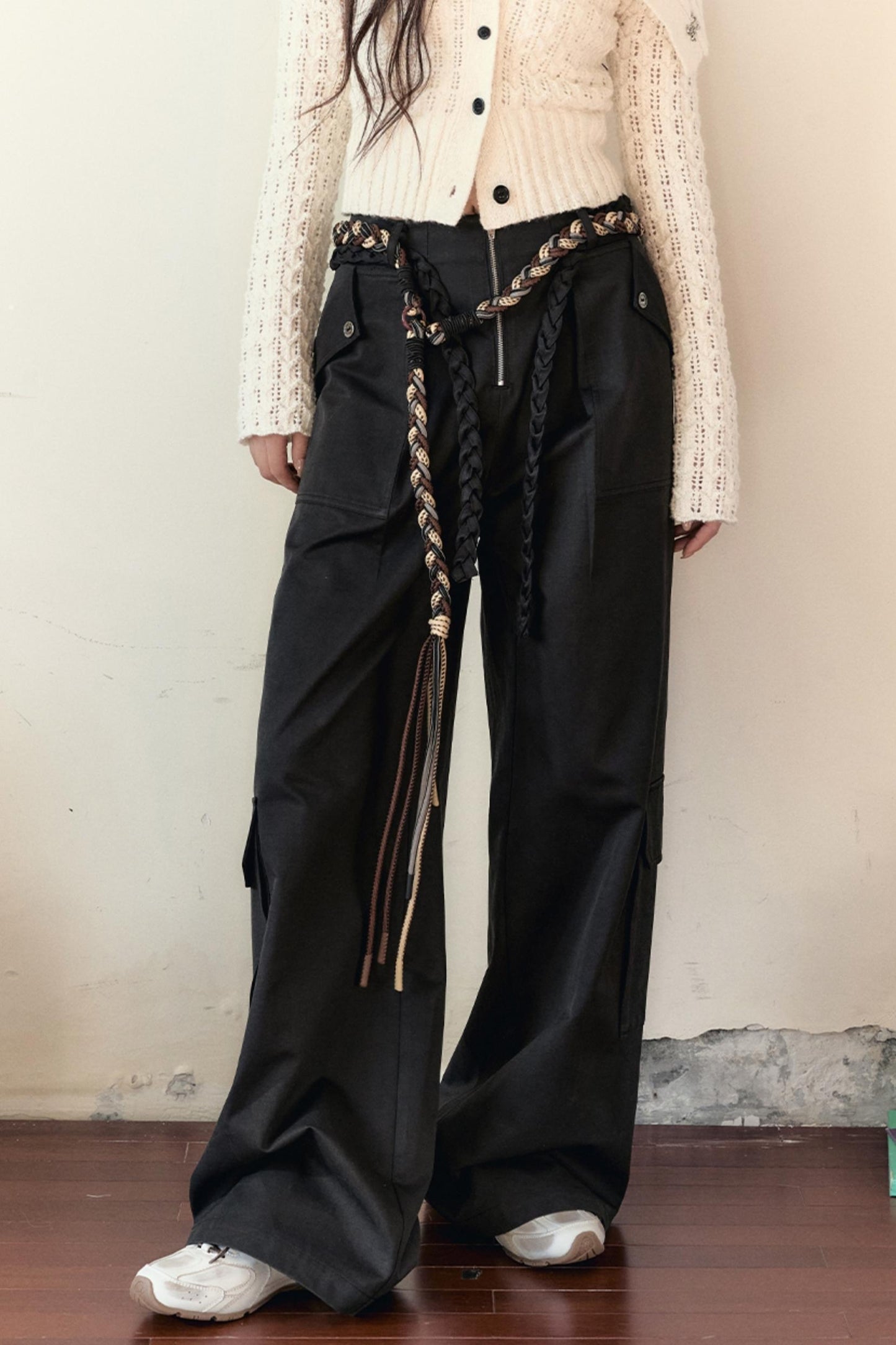 Woven Belt Coat And Lace Vest Set-Up