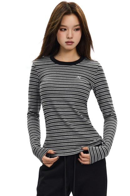 Brushed Crewneck Striped Long-Sleeve Top