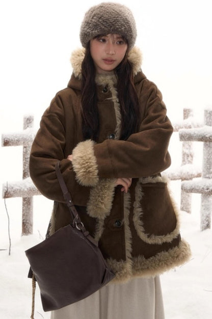 Reversible Hooded Suede Coat