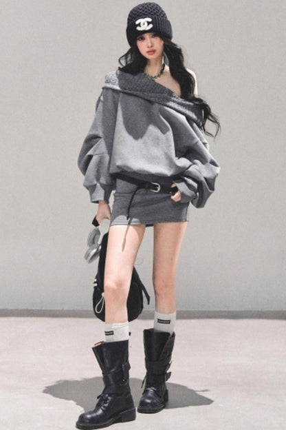 One Shoulder Grayscale Sweatshirt Dress