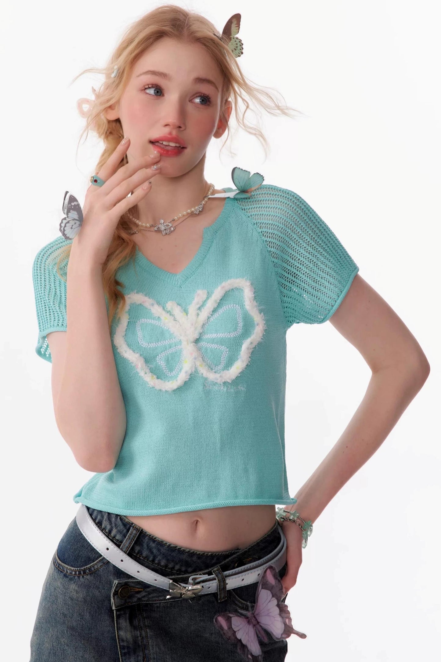 Top Raglan a Maglia con Farfalle 3D
