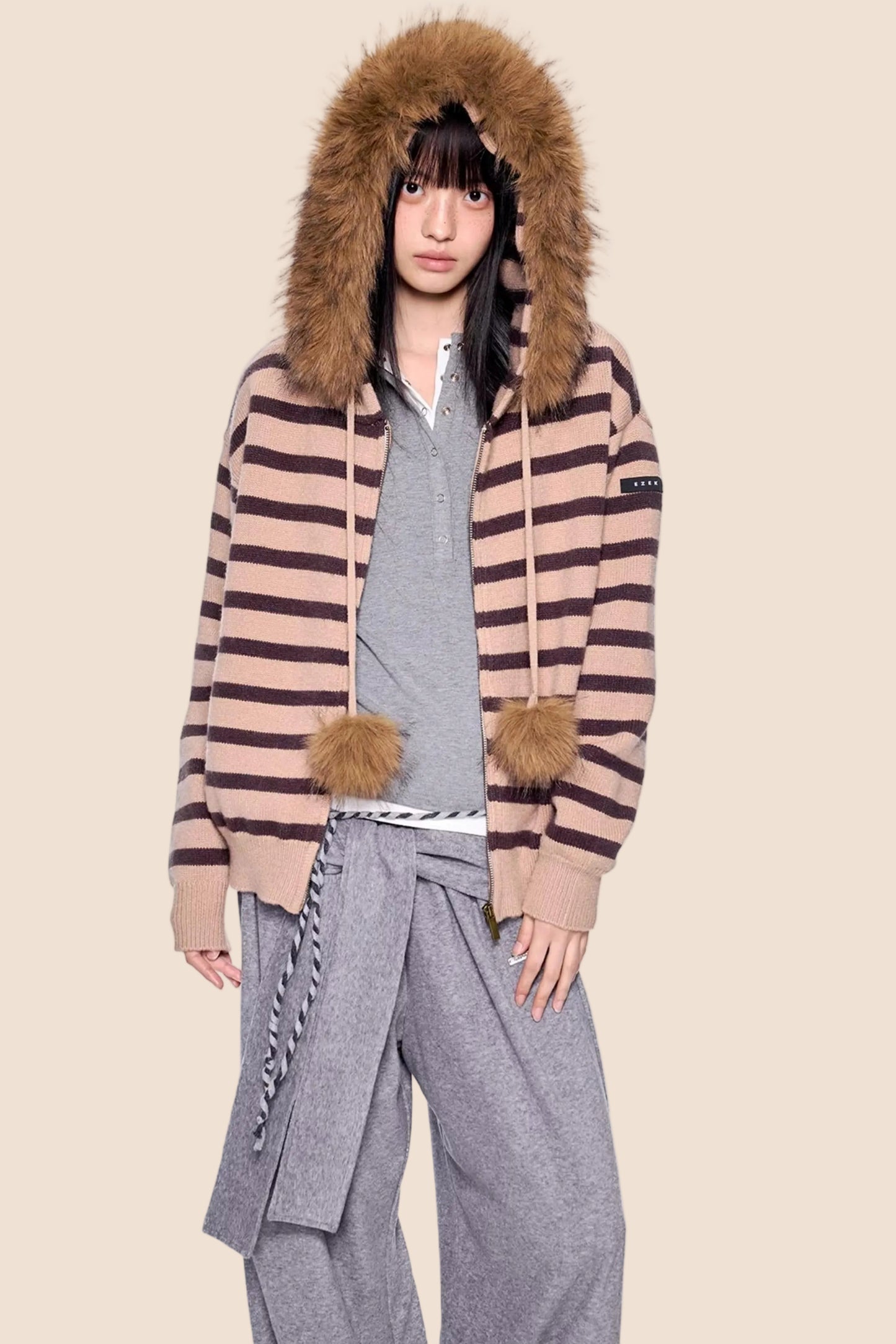 Fur Collar Striped Knit Cardigan