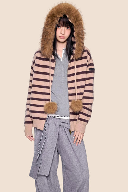 Fur Collar Striped Knit Cardigan