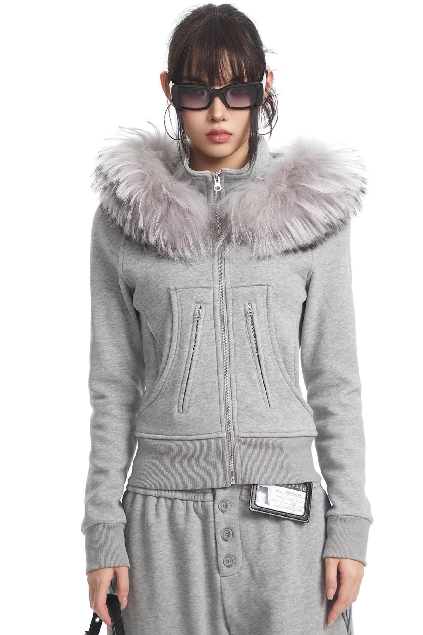 Korean Fur Collar Hooded Jacket Set-Up