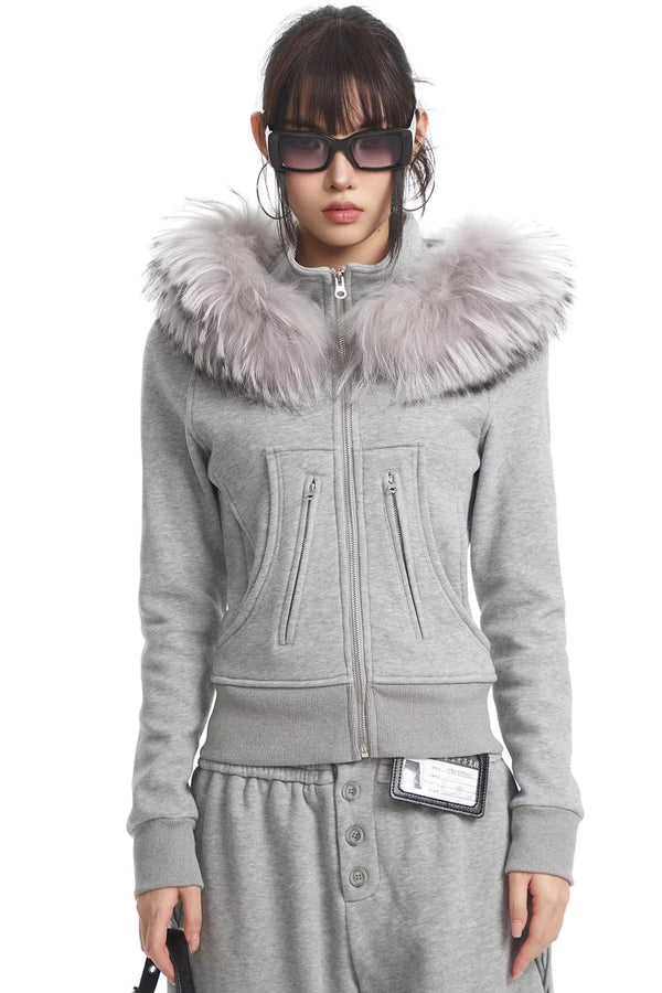 Korean Fur Collar Hooded Jacket Set-Up