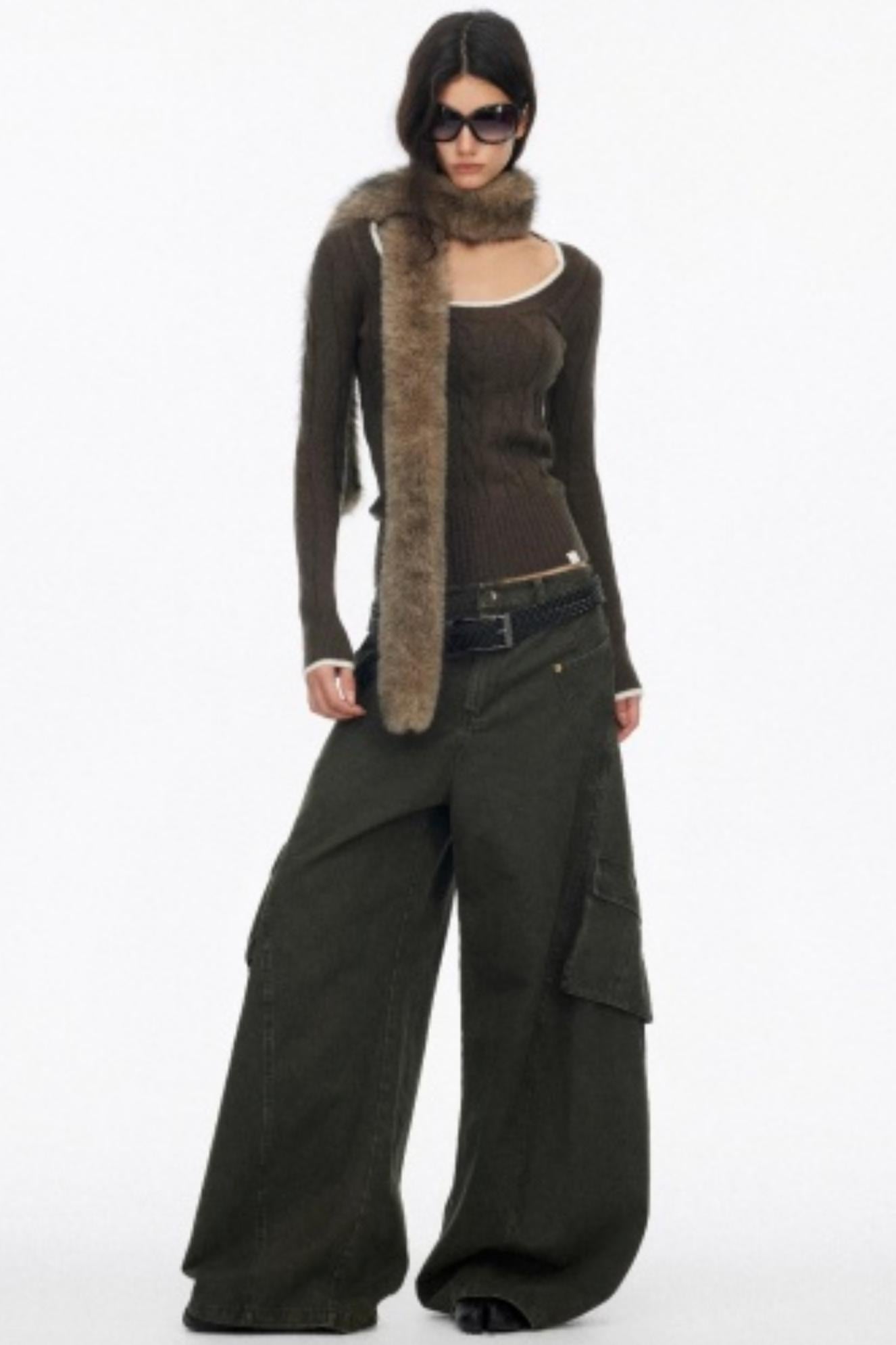 Distressed Washed Wide-Leg Scimitar Pants