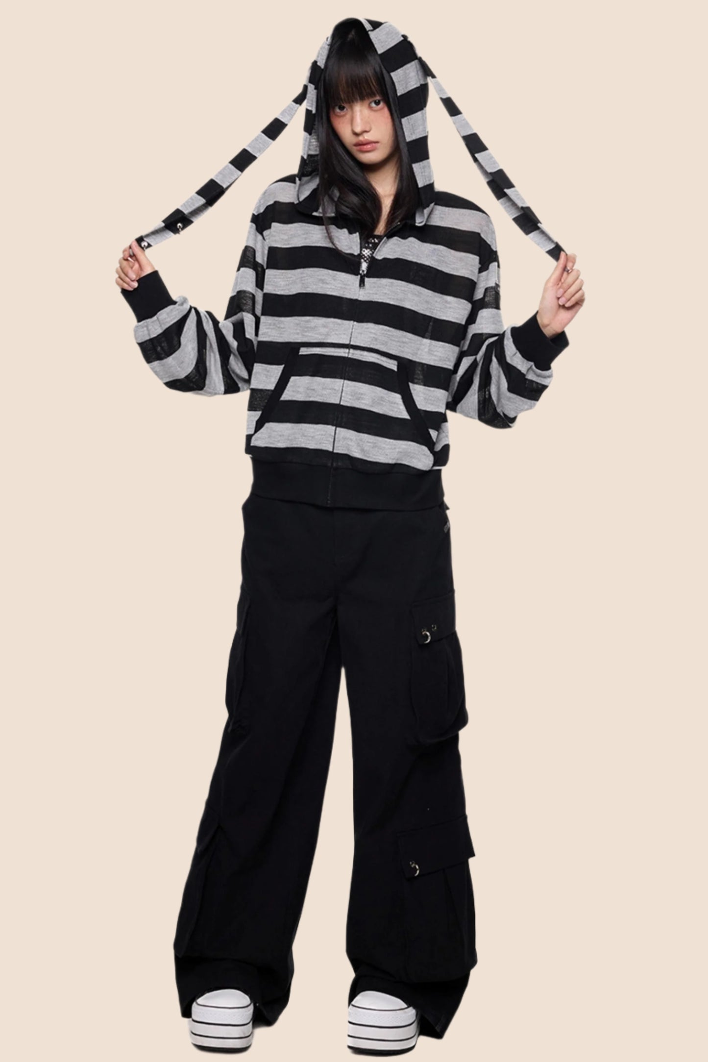 Rabbit Ears Stripe Hooded Long Sleeve Cardigan