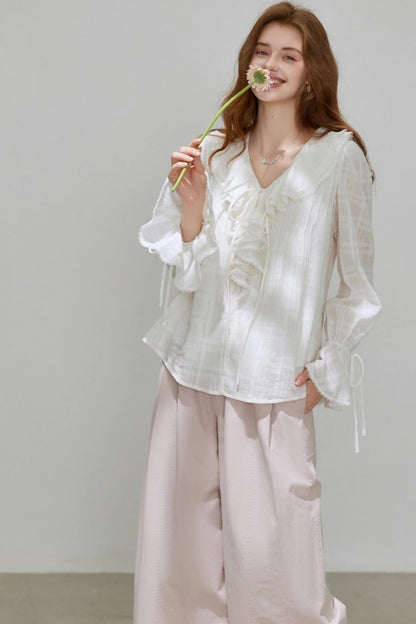 White V-Neck Ruffled French Top Shirt