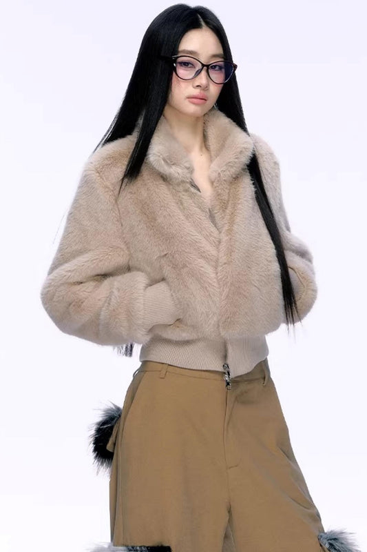 우아한 페이크 퍼 패치워크 코트