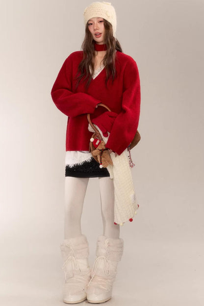 Asgony Red Retro Knit Sweater