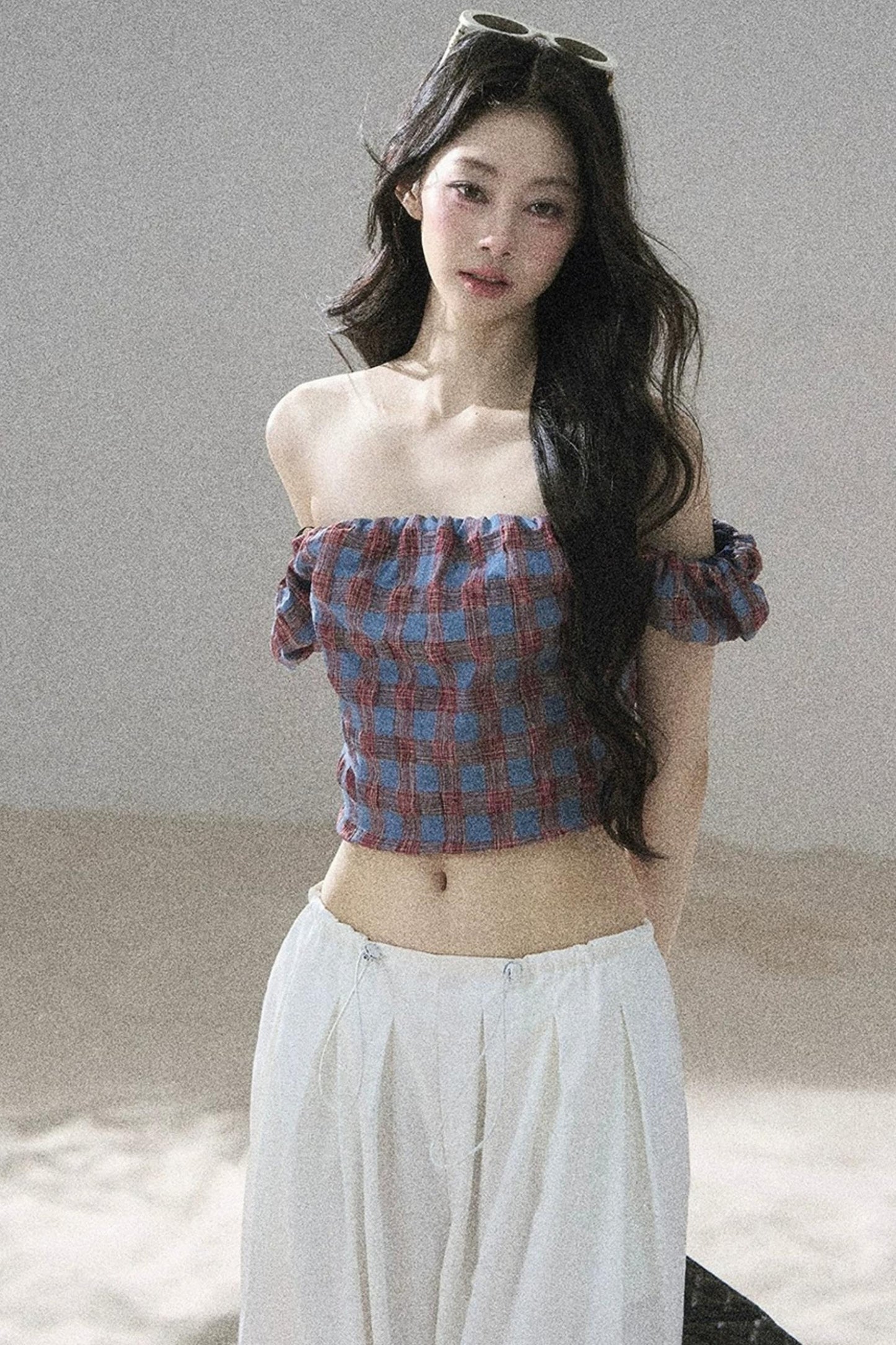 Youthful Plaid Off-Shoulder Top