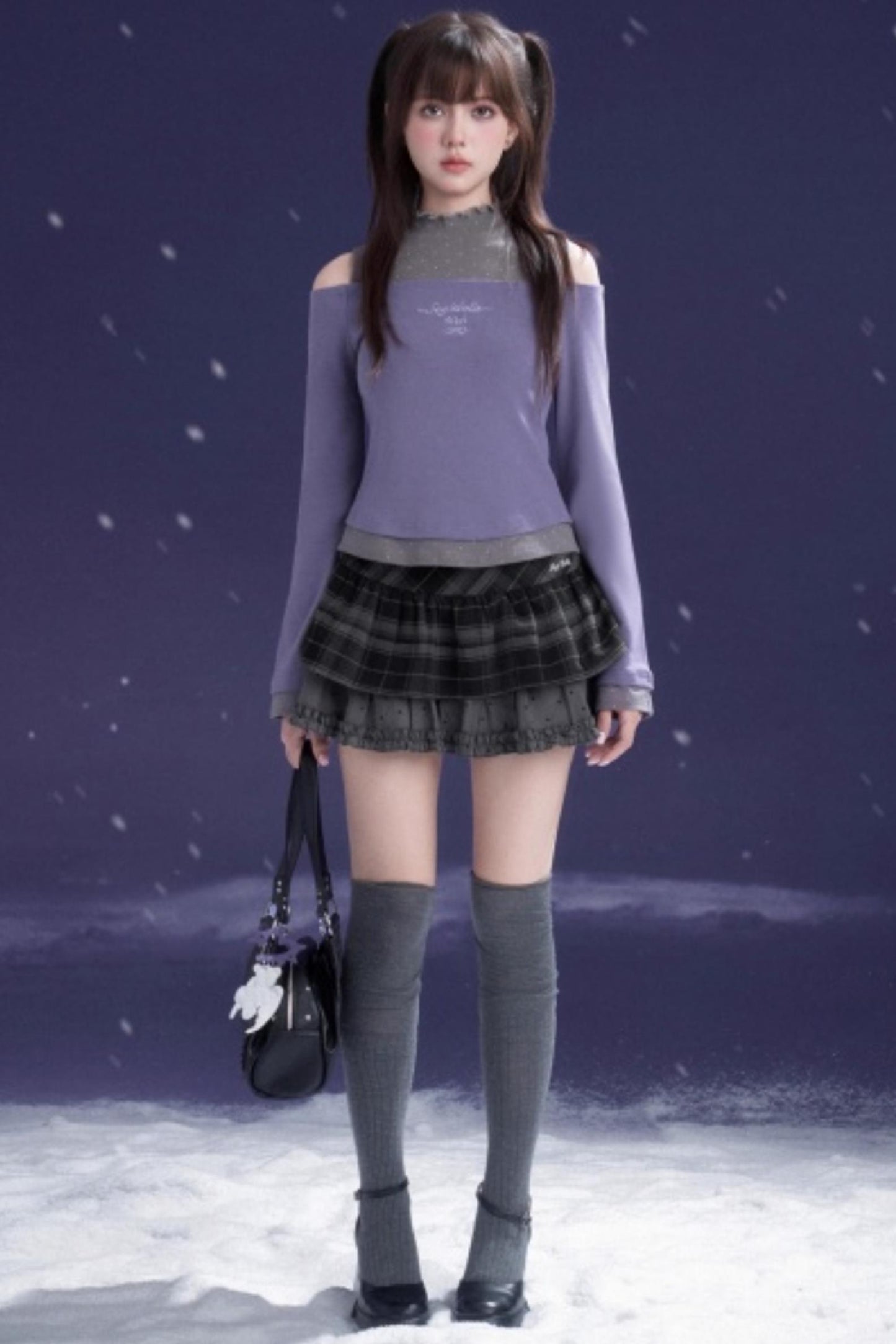 Gray-Purple Bowknot Off-Shoulder Top