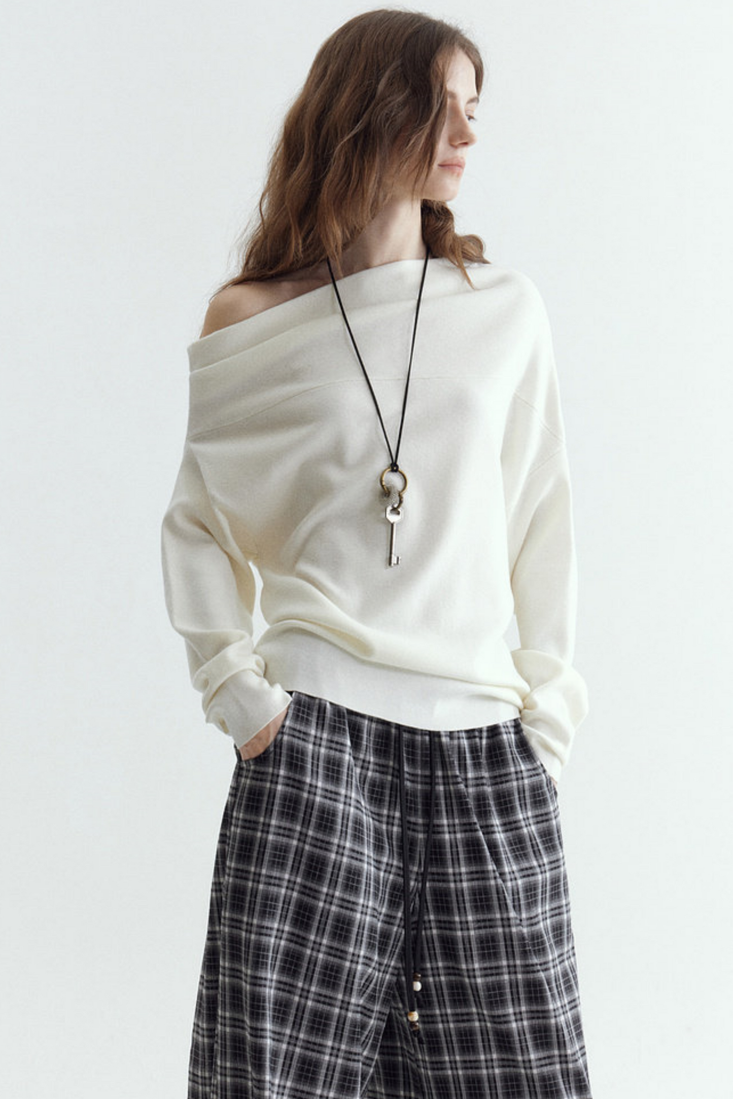 Pleated Off-Shoulder Knit Sweater